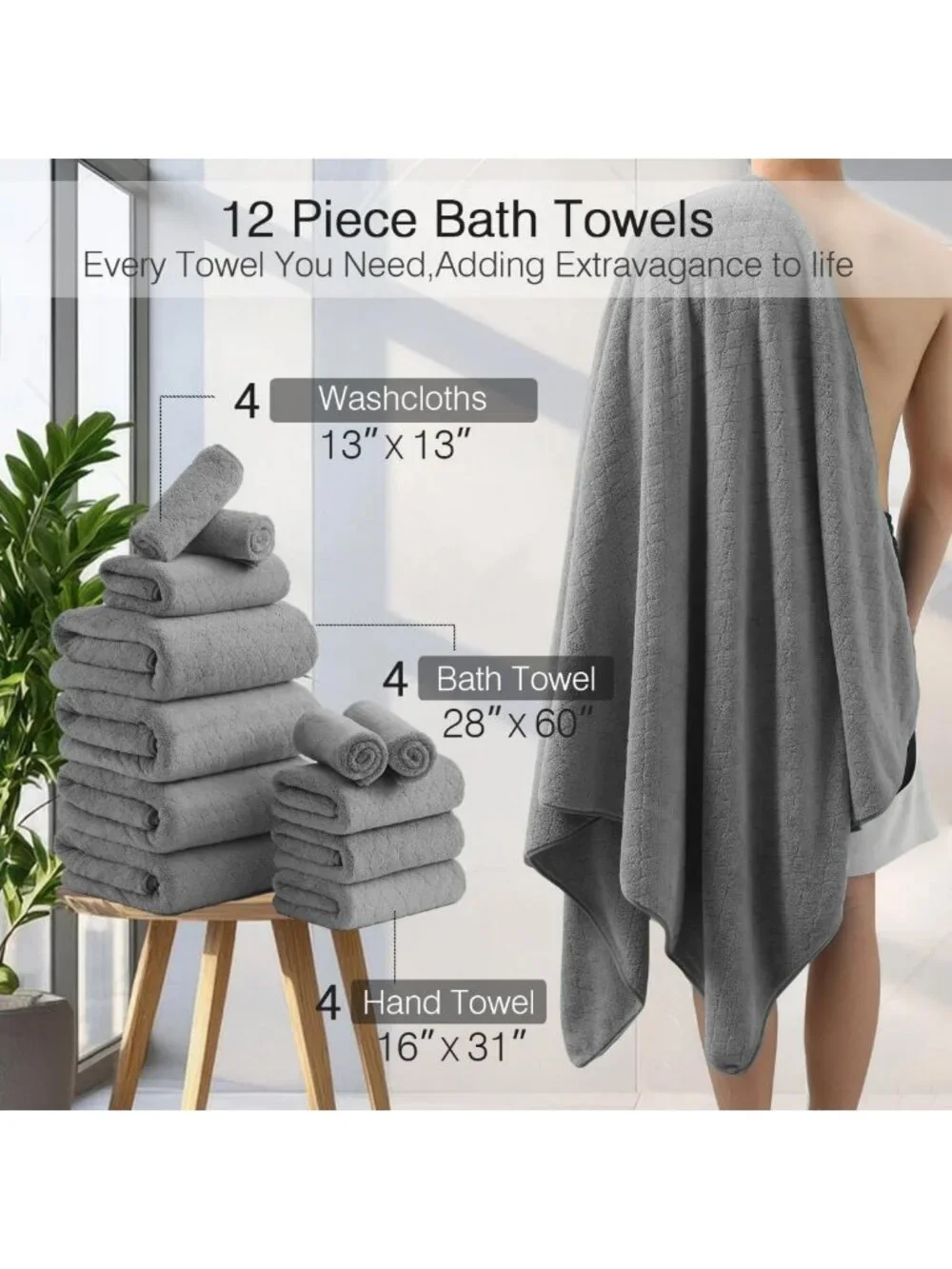 12-Piece Luxury Bath Towel Set - Extra Absorbent, Soft & Quick Dry - Grey Family